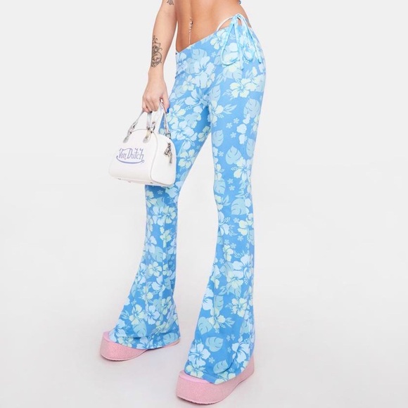 Blue Hawaiian Print Flare High Rise Pants - Picture 1 of 3
